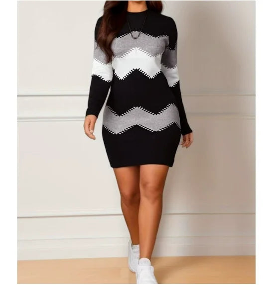 Women Elegant Patchwork Long Sleeve Warm Dress Autumn Winter Rib Knit Sweater Dress Casual Turtleneck Pullover Mini Dresses