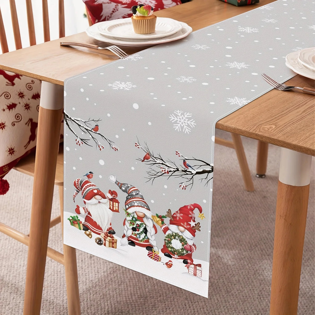 1 Piece of Christmas Gnome Themed Table Runner, Light Gray Background Painted with Snowmen, Snowflakes, Birds, Gift Patterns, Suitable for Christmas Parties, Family Dinners, Holiday Markets, Themed Cafes, Kidsren's Room Decor