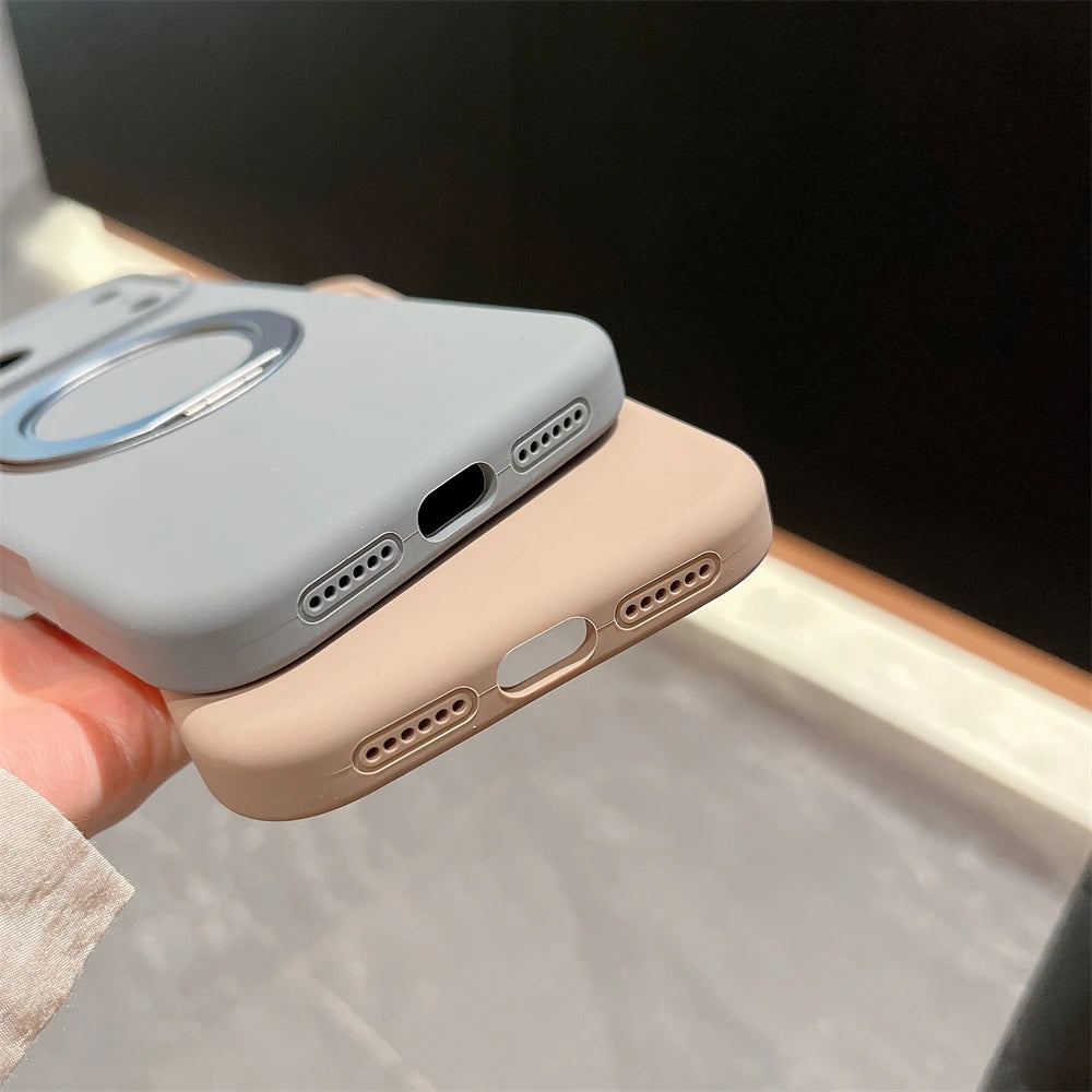 Simple INS Candy Color Liquid Silicone Case For IPhone 17Pro Max Air 16 15 14 Magnetic Rotable Bracket Lens Full-pack Back Cover