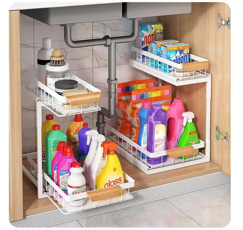 2 Tier Under Sink Organizer Sliding Cabinet Basket Organizer Storage Rack with Hooks Hanging Cup Bathroom Kitchen Organizer