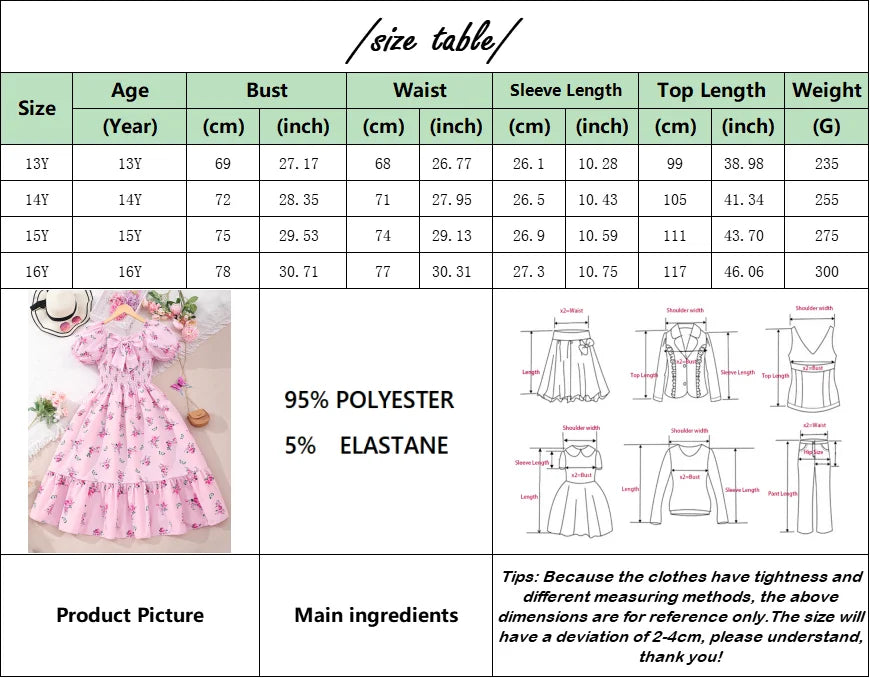 New Children Clothes Teen Girl Dresses Summer Blue Floral Long Big Kids Party Dress Fashion Elegant Pretty 13 14 15 16Yrs Old