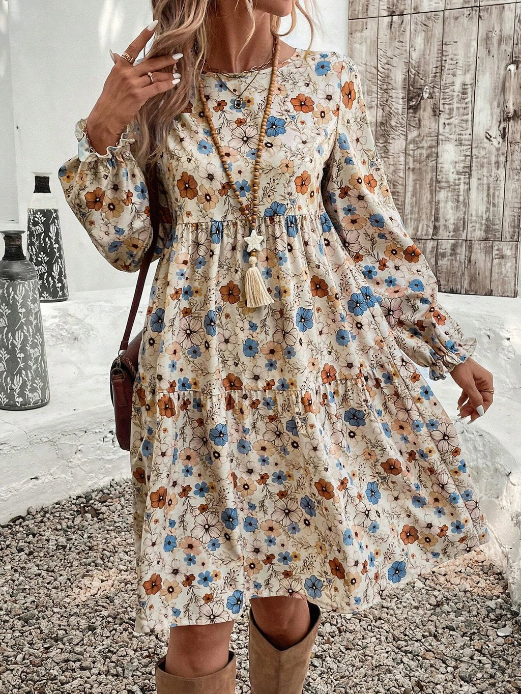 Women's Floral Print Tie Neck Flounce Sleeve Dress, Elegant Fashion Casual Dress for Daily Outdoor Wear, Women Dress for Spring