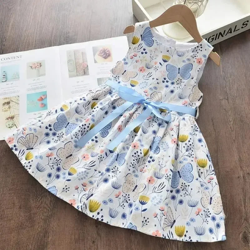 Summer New 3-7 Years Girls Vacation Casual Clothes Sleeveless Sweet Cute Print A-Line Dress 1 Pc Children Fashion Wear