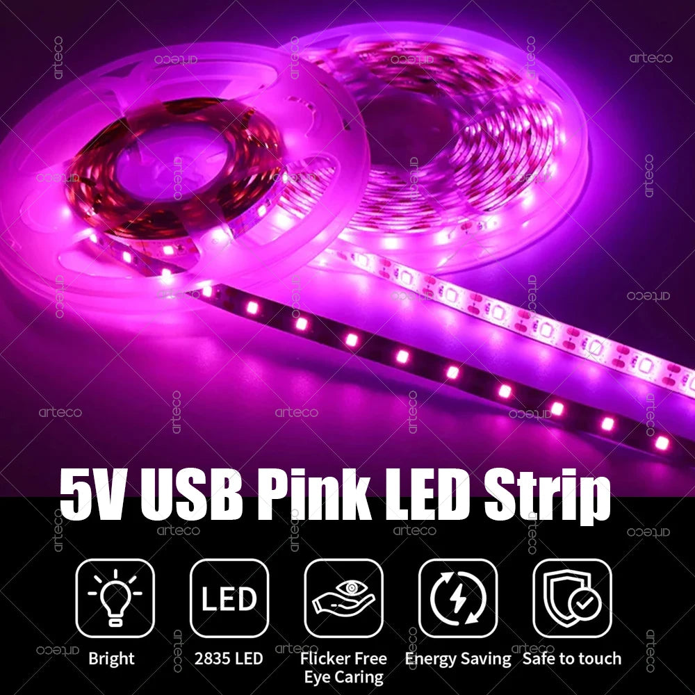 USB LED Strip Light 5V 2835 Pink USB Led Lights Flexible Ribbon Tape DIY Backlight Room Cabinet Lighting Decoration IP20 IP65