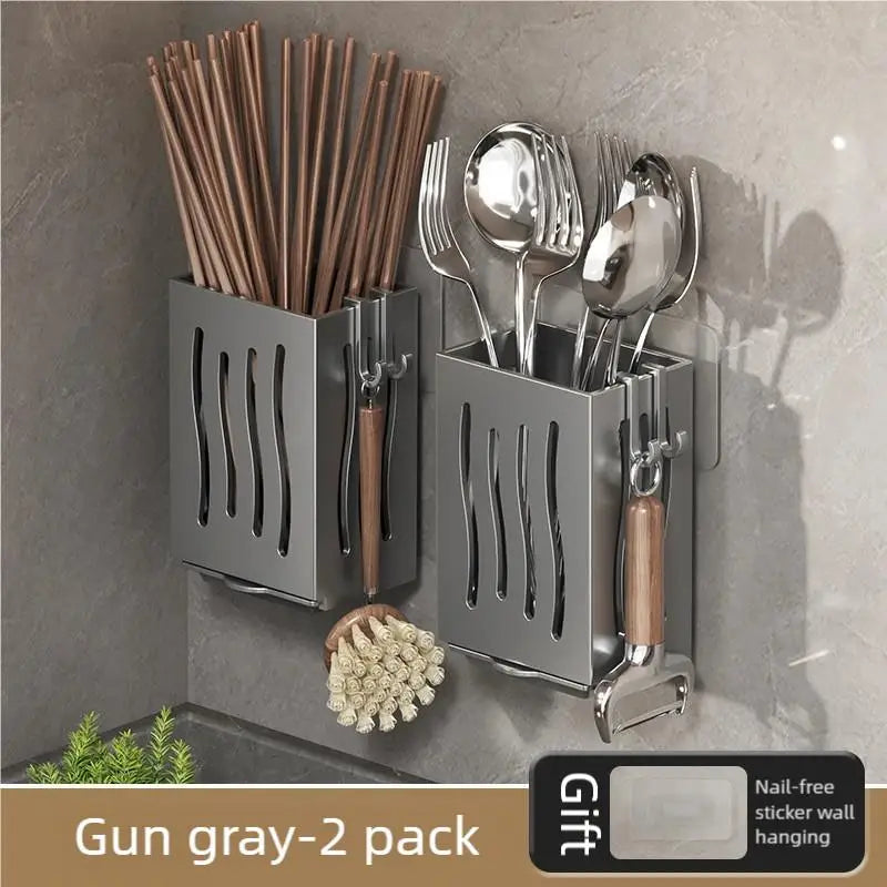 Kitchen Wall Mounted Shelf Multifunctional Chopstick and Spoon Cylinder No Hole Installation Drainage Basket Tableware Storage