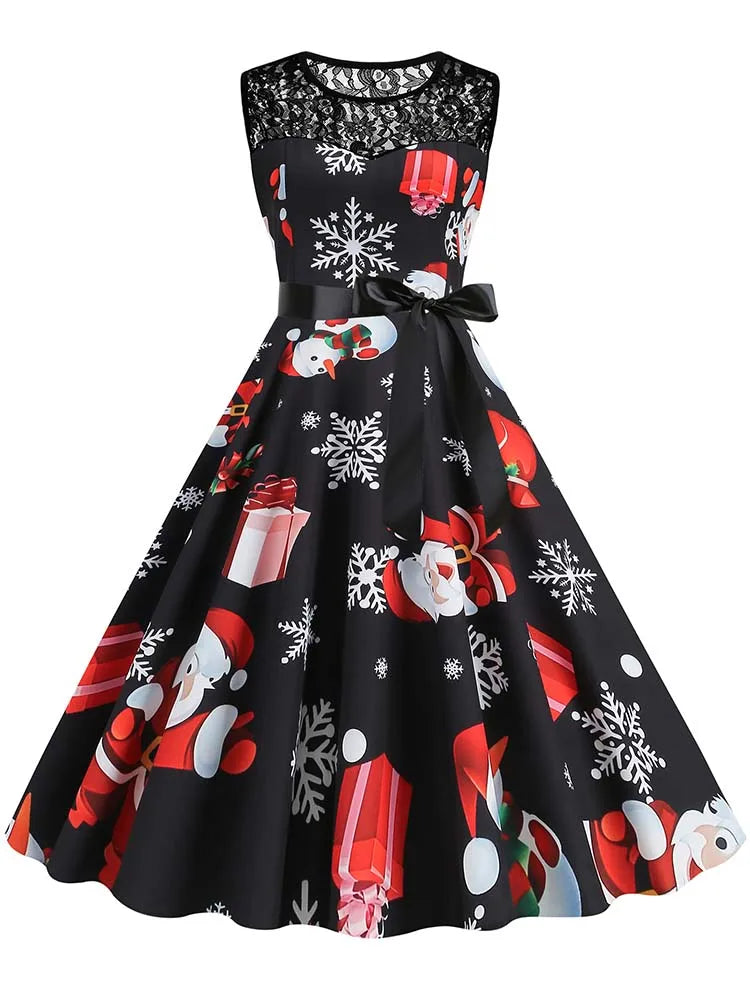 Christmas Dress Women Vintage 50s Lace Sleeveless Print Party A Line Santa Claus Sundress Runway Midi Pinup Flare Dresses