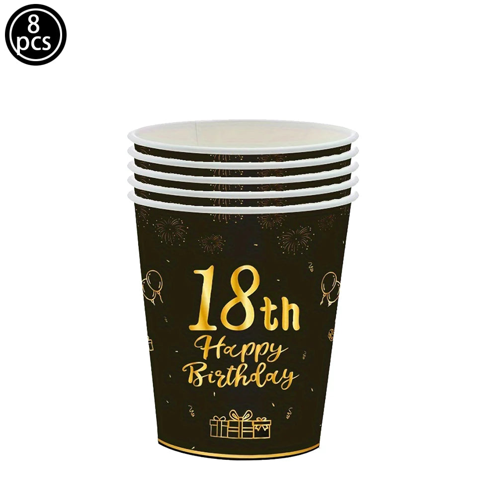 18th Birthday Decors for Boys Girls Black Gold Party Banner Balloon Tablecloth Plate Cup Napkin 18 Years Birthday Party Supplies