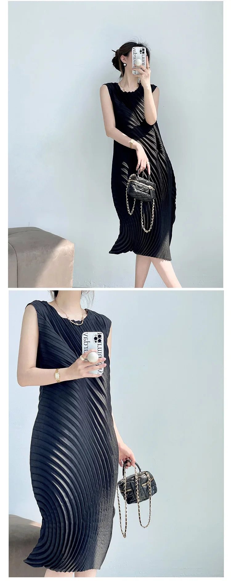 Miyake Hand Circle Pleated Sleeveless Dress Designer Long Round Neck Elegant Loose Summer Korean Style Aesthetic Clothes