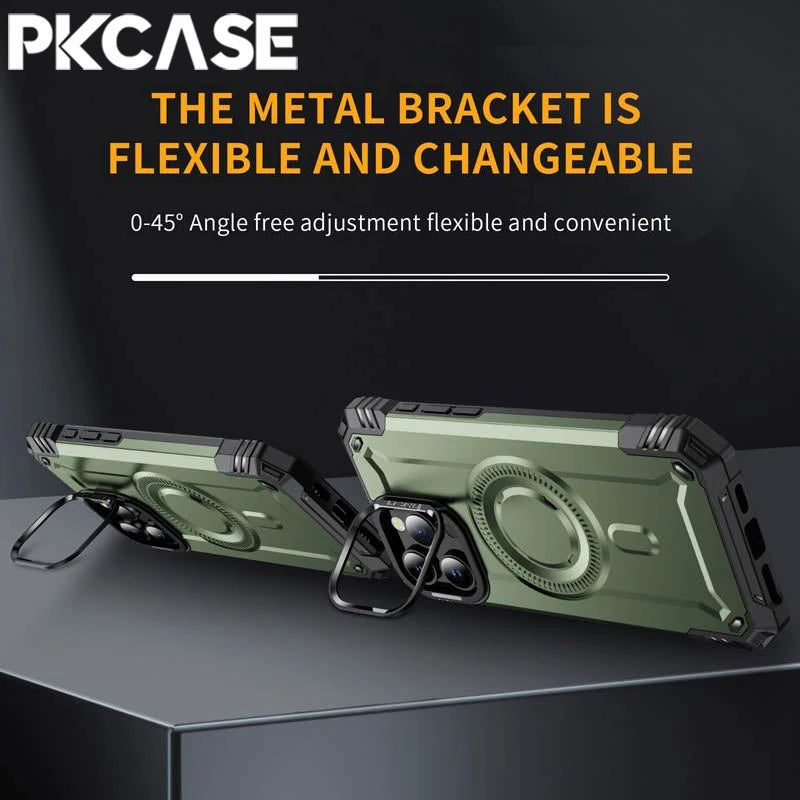 PKCASE Military Shockproof Bracket Case For iPhone 16 15 14 Plus Pro Max For Magsafe Magnetic Armor Cover