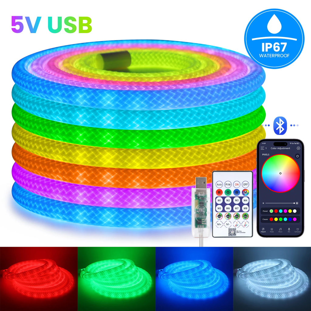 360 Glow Round RGB Neon LED Woven Strip Light 24key Bluetooth APP Remote Control 5V USB WS2812B Music Sync Waterproof Rope Decor
