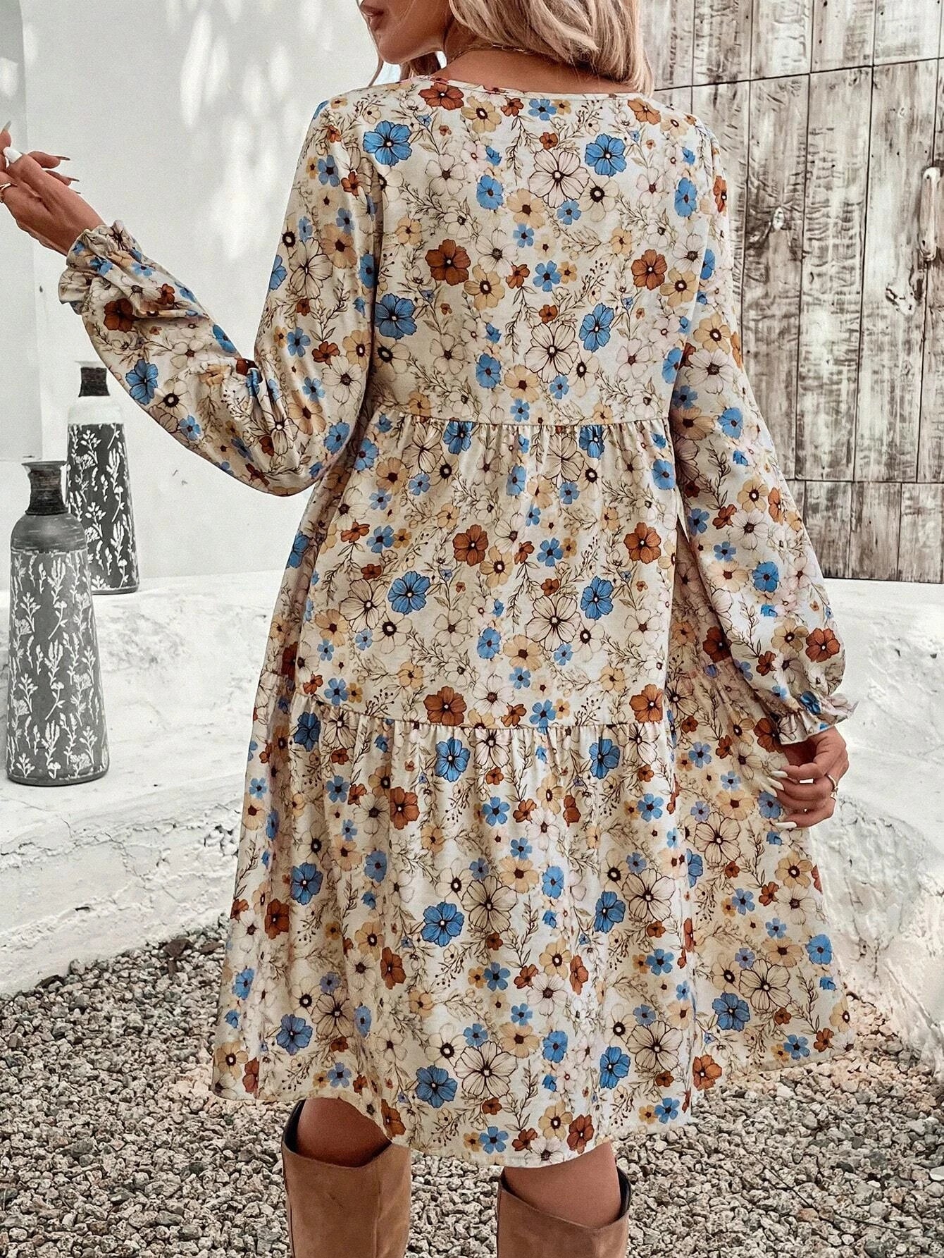 Women's Floral Print Tie Neck Flounce Sleeve Dress, Elegant Fashion Casual Dress for Daily Outdoor Wear, Women Dress for Spring
