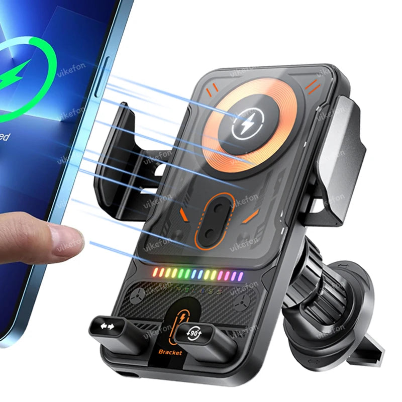Auto-Clamping RGB Light Car Wireless Charger Phone Holder Stand Touching 360 Rotation Fast Charging Bracket For iPhone Samsung