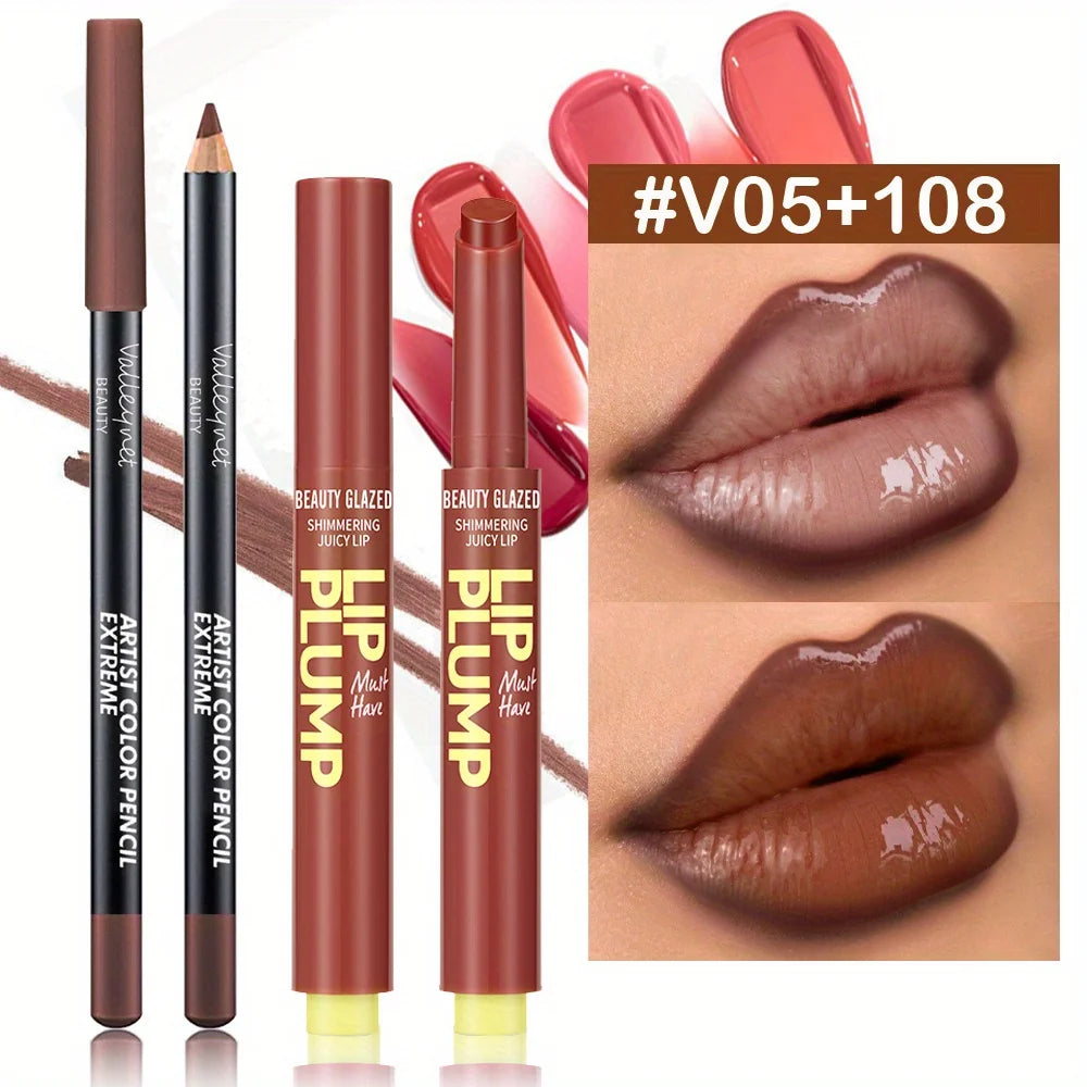 2 Pcs/Set Lip Combo Set Lipstick + Lip Liner Long Lasting Waterproof Easy To Apply Lipstick Set Glossy Lipstick Lip Makeup