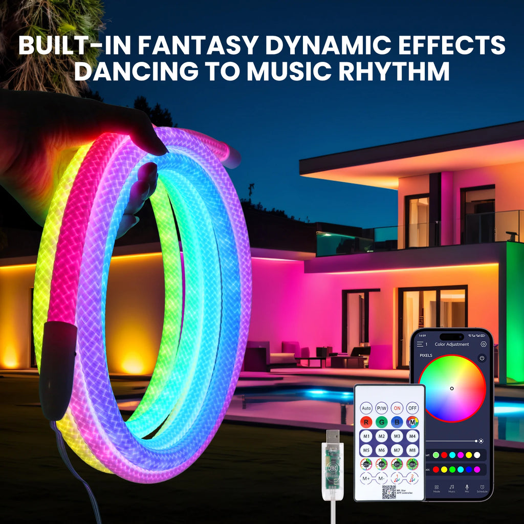 360 Glow Round RGB Neon LED Woven Strip Light 24key Bluetooth APP Remote Control 5V USB WS2812B Music Sync Waterproof Rope Decor