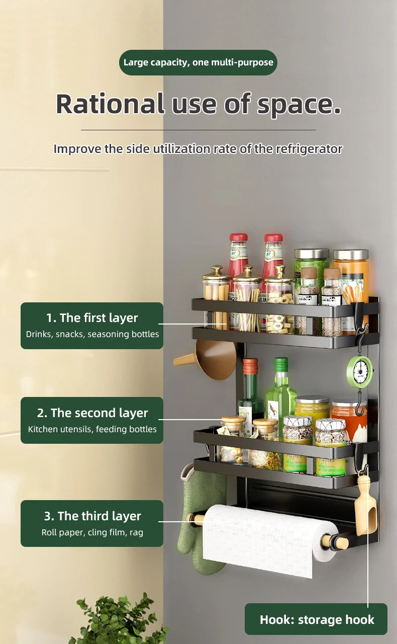 2-3Layer Magnetic Refrigerator Organizer Kitchen Storage Shelf Adhesive Towel Holder Side Mount Rack Home Kitchen Organization