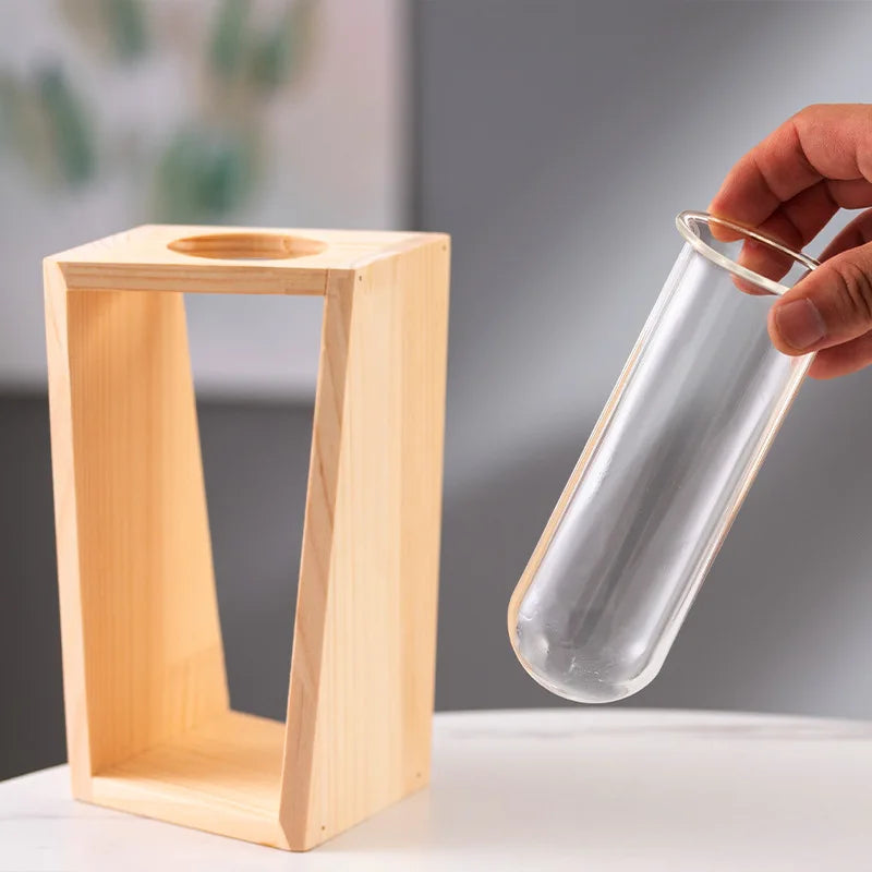 Nordic Wooden Test Tube Glass Vase Hydroponic Flower Arrangement Decorative Vase Ornaments Dry Flower Container for Home Office