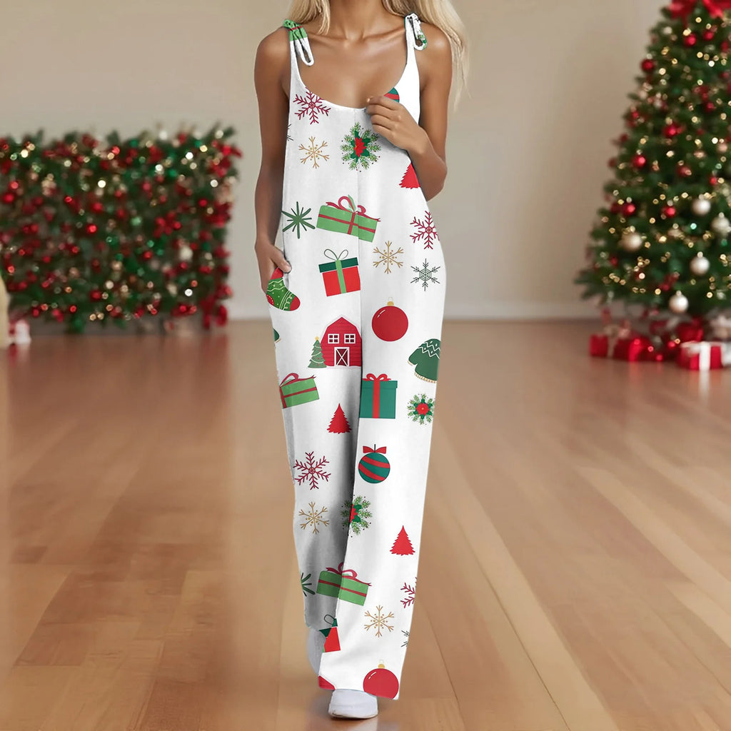 2025 Women's Fashion Christmas Printed Casual Loose Vintage Strappy Jumpsuit Retro Festival Pants New Year Themed Clothing