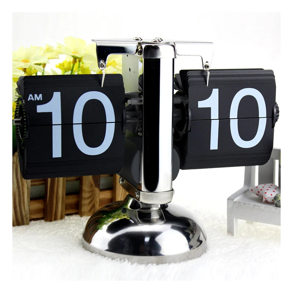 Small Scale Table Clock Retro Flip Over Clock Stainless Steel Flip Internal Gear Operated Quartz Clock Black/White
