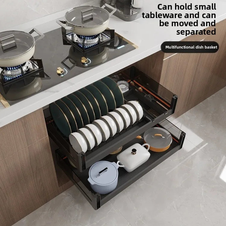 Kitchen Basket Cabinet Basket Thickened Aluminum Alloy Double Drawer Storage Dish Rack Cabinet Kitchen Cabinet Storage Basket