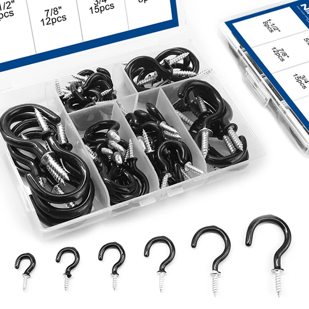 NINDEJIN 66pcs Screw hooks 3/4"-1-1/2" Black White Heavy Duty Screw in Hook Hanger Wood Wall Ceiling Hooks for Kitchen Shelf