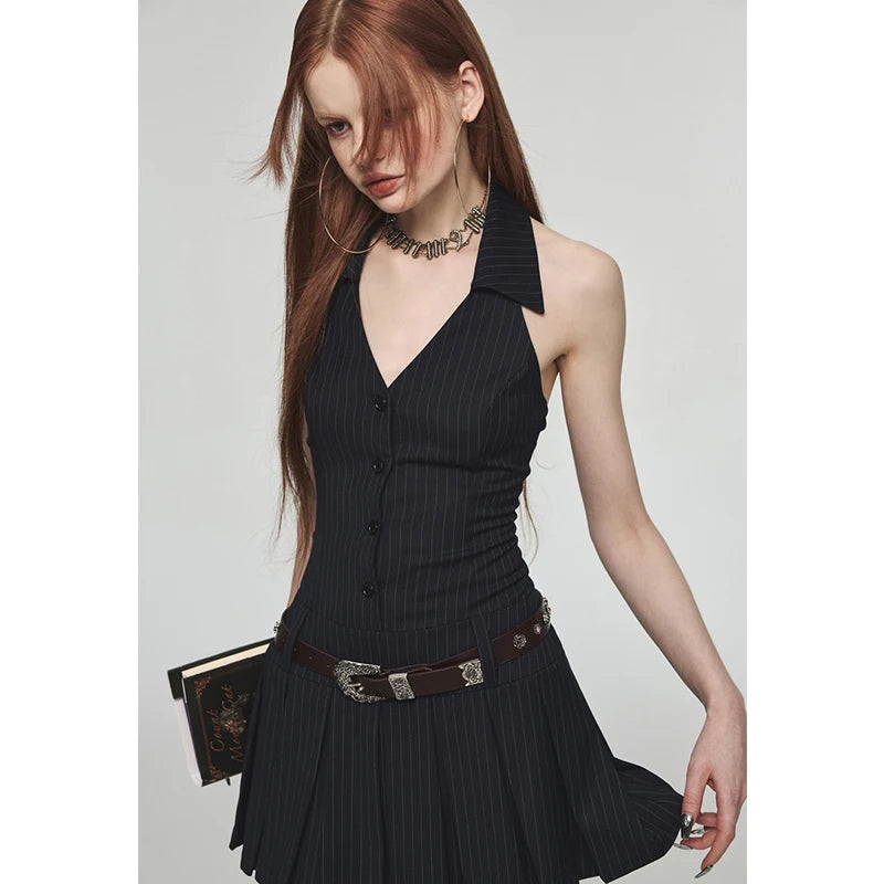 Summer Women Fashion Mini Halter Party Pleated Dress A-line Backless Black Striped V Neck Frocks Sexy Gyaru Y2k Streetwear Prom