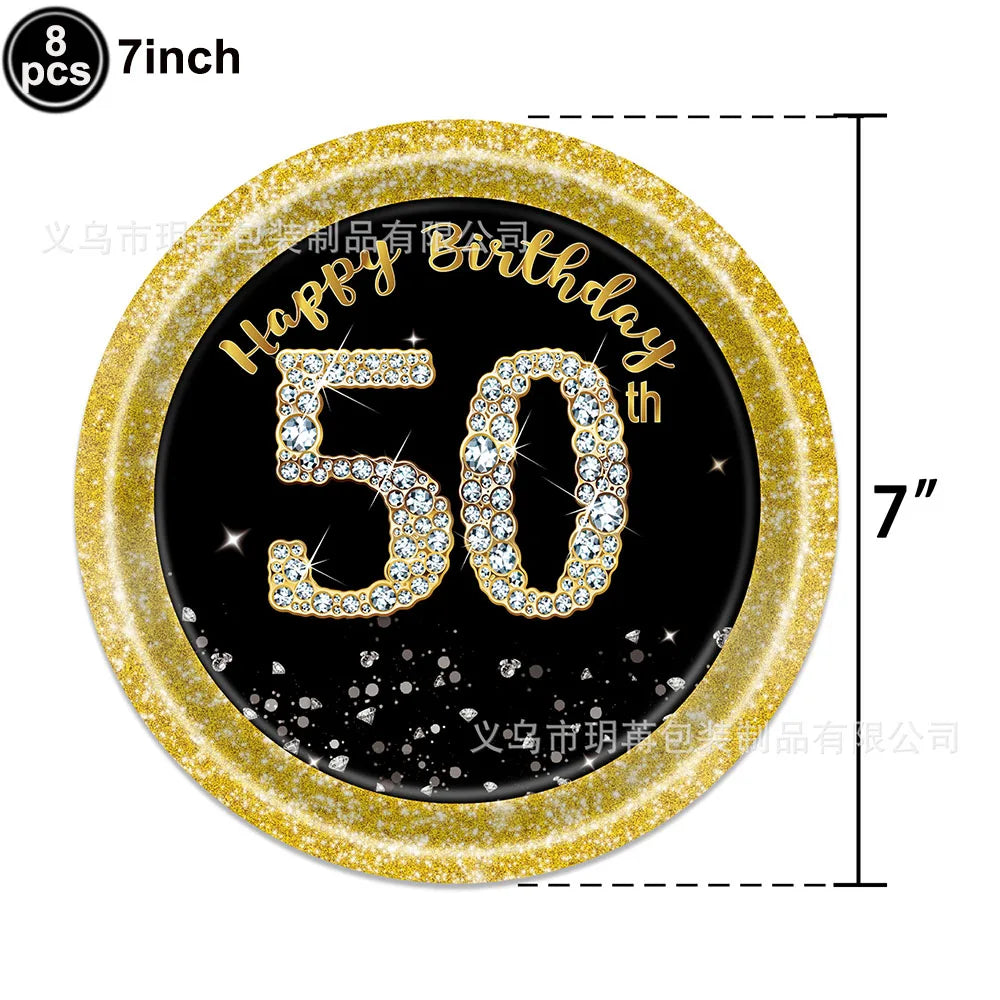 50th Birthday Party Supplies for Men Women Black and Gold 50 Years Old Party Paper Plates Cups Napkin Tablecloth Tableware Decor
