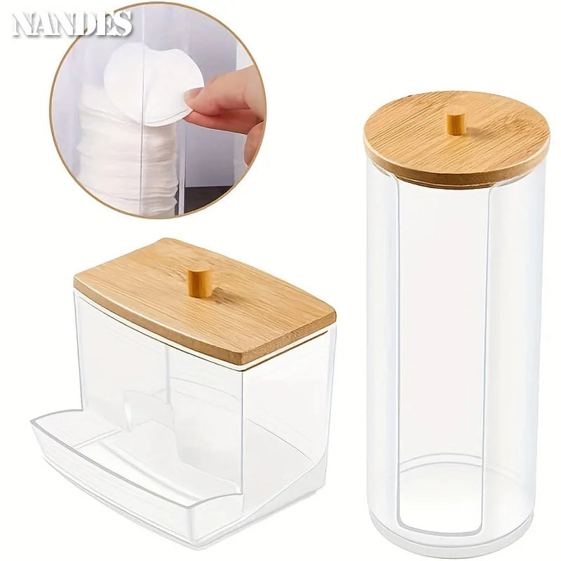 Acrylic Storage Box Bathroom Jar Makeup Organizer Cotton Round Pad Holder Cotton Holder Dispenser with Bamboo Lid Clear Plastic