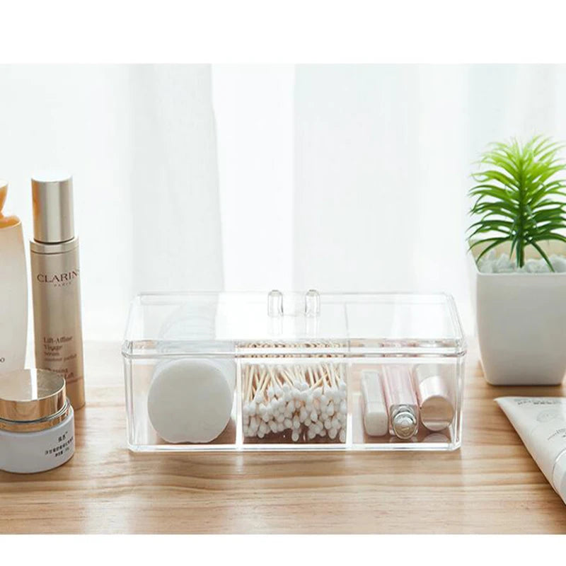 1pc Transparent Cosmetic Storage Box Acrylic Make Up Organizer Three Grid Cotton Swab Cotton Pad Storage Box Home Organization