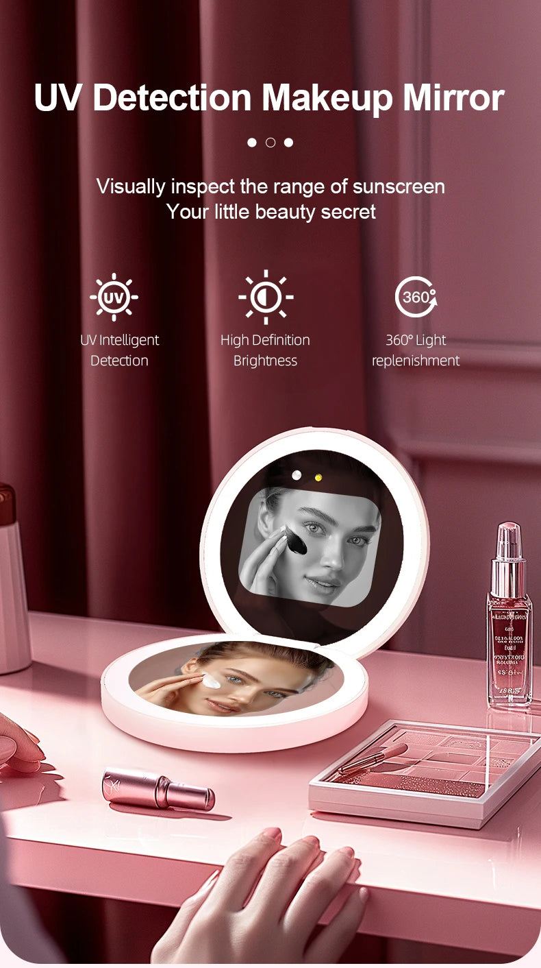 Mini Portable Makeup Mirror 2.8-Inch Display Smart LED Sunscreen Detection Compact Travel Size for Beauty On-the-Go