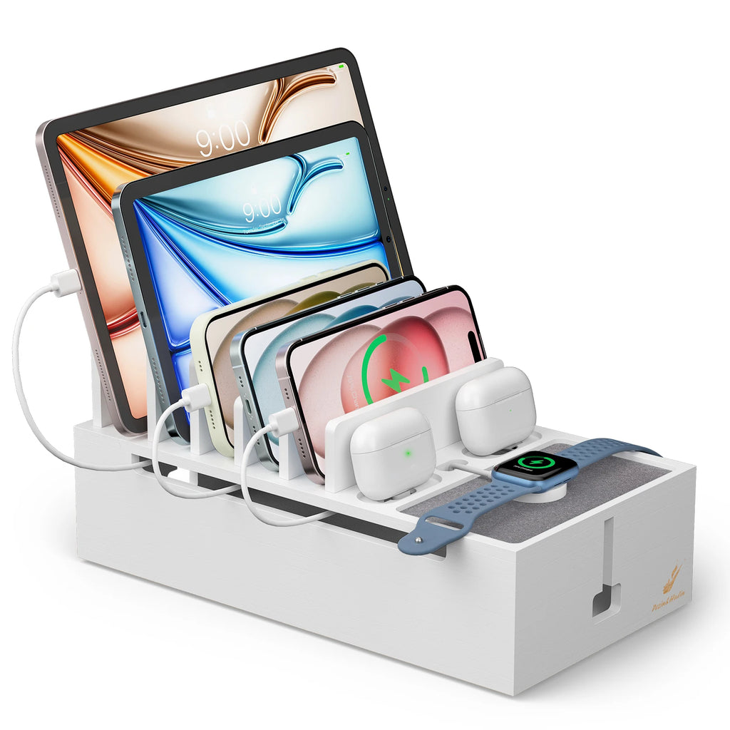 Bamboo Charging Station for Multiple Devices Charger Dock Holder Stand for Cell Phone and Tablet Electronic Devices Organizer