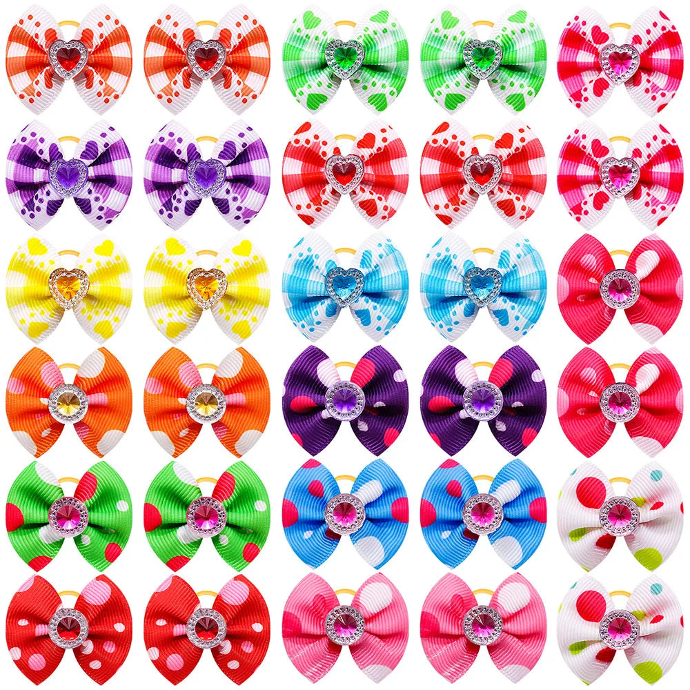 20pcs Dog Hair Bows Dog Bows with Diamond Colorful Grooming Rubber Band for Small Dog Pet Girls Grooming Hair Accessories
