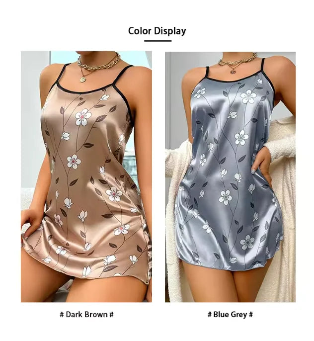 Women's Sleepwear Summer Floral Print Satin Nightgown Casual Sleeveless Backless Slip Night Dress Sexy Nightdress Home Clothes