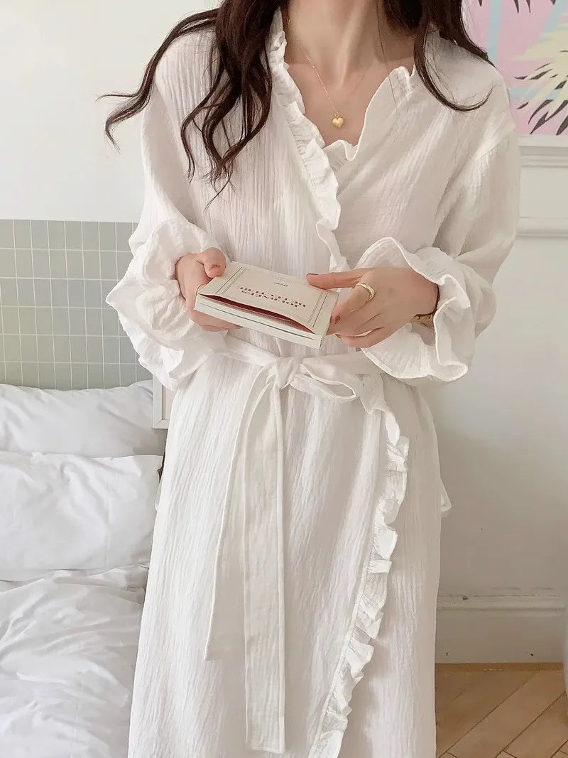 Women's Spring and Summer New Simple Long-Sleeved Robe Girls Sweet Ins Wind Ruffled Thin Section of Solid Color Pajamas Home Wea