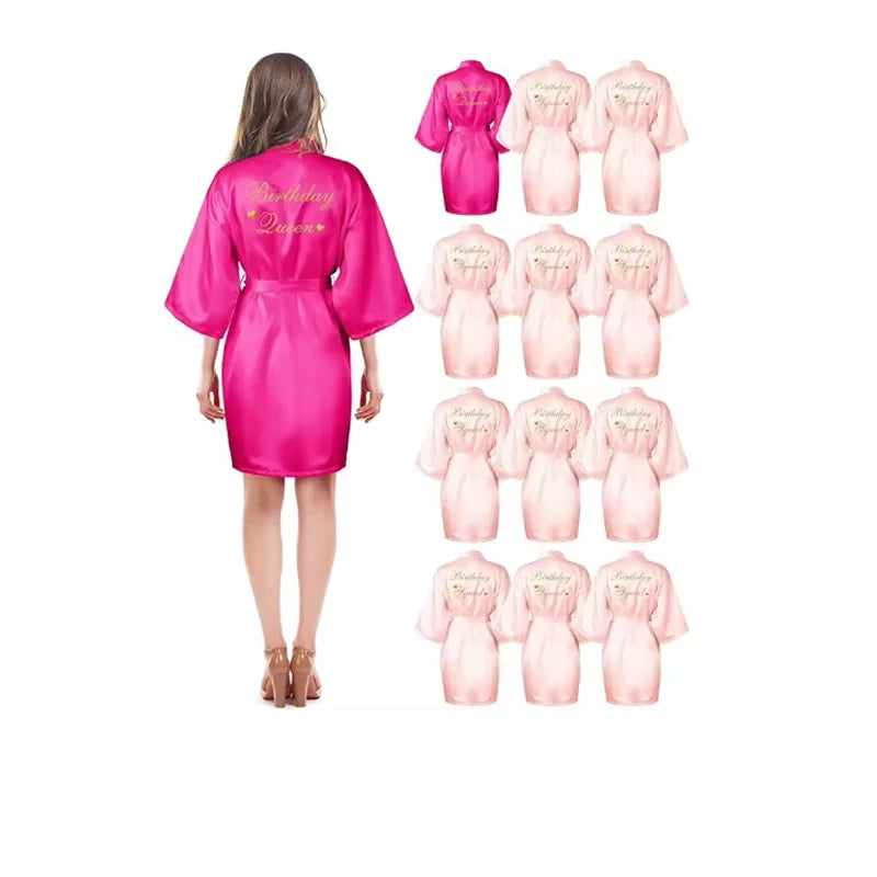 12 Pcs Women's Birthday Party Robes Gold Glitter Queen Squad Kimono Silky Nightgown Satin Bathrobes Dressing Gown