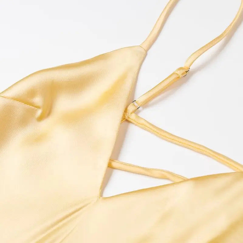 HH Women Summer Yellow Stain V Neck Sling Dress Elegant Sleeveless Loose Maxi Robes 2025 New Ladies Party Holiday Dresses