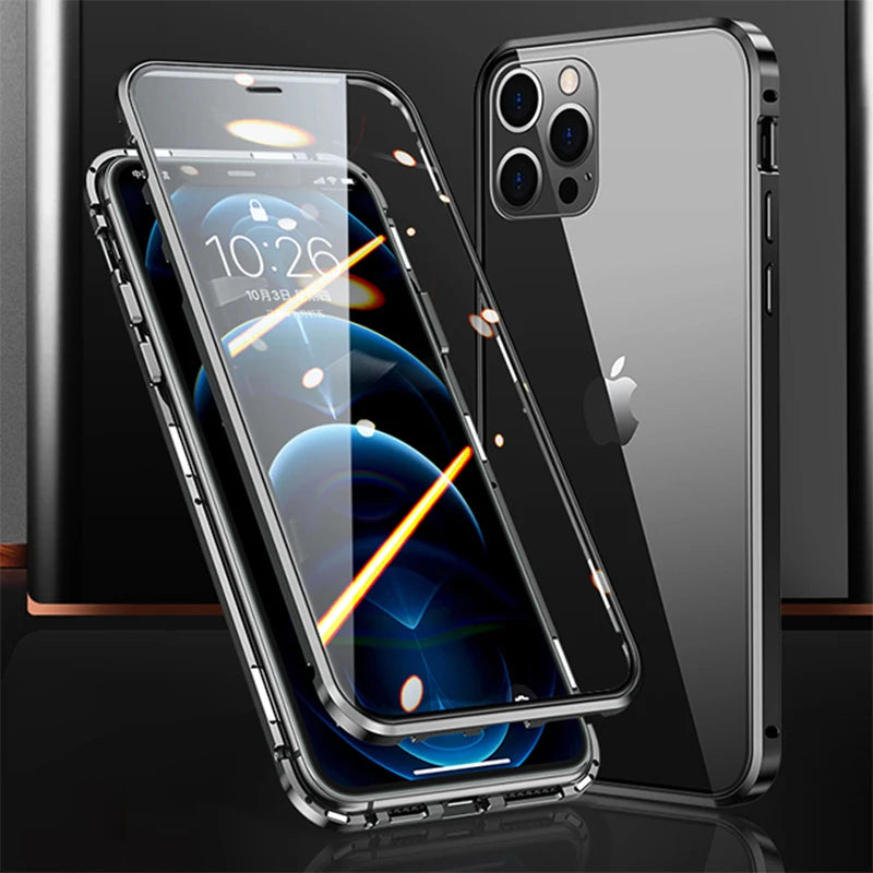 360°Full Protection Metal Magnetic Phone Case For IPhone 16 Pro Max 14 13 12 11 15 Pro Max X XS XR Plus Double-Sided Glass Cover