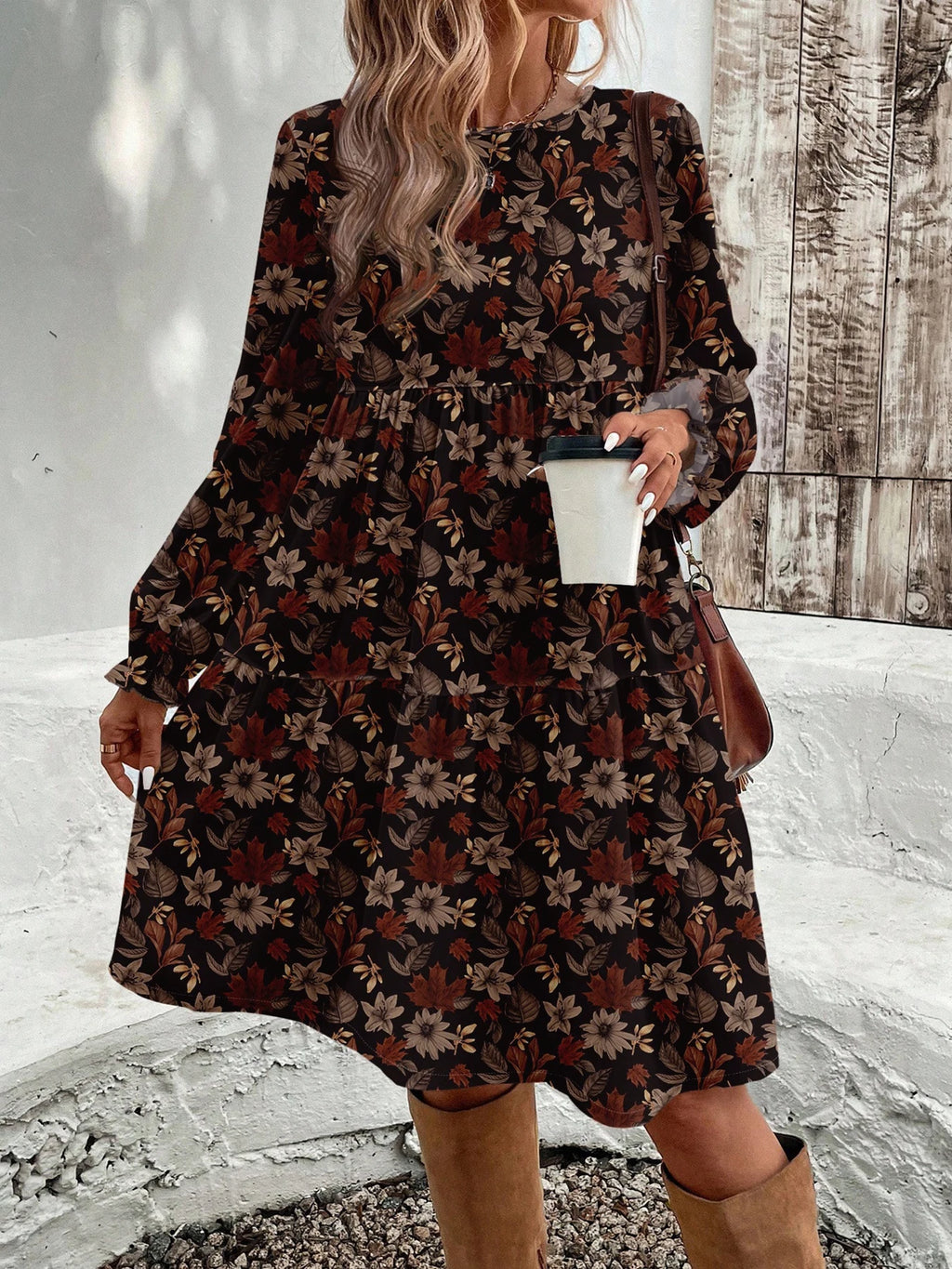 Women's Floral Print Tie Neck Flounce Sleeve Dress, Elegant Fashion Casual Dress for Daily Outdoor Wear, Women Dress for Spring