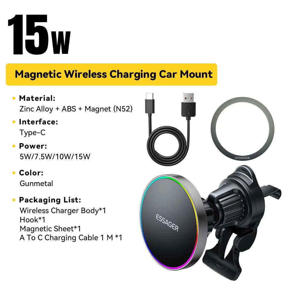 Essager RGB Magnetic Car Phone Holder Qi 15W Wireless Charger For iPhone16 15 14 13 Pro for Magsafe Universal Phone Holder Stand