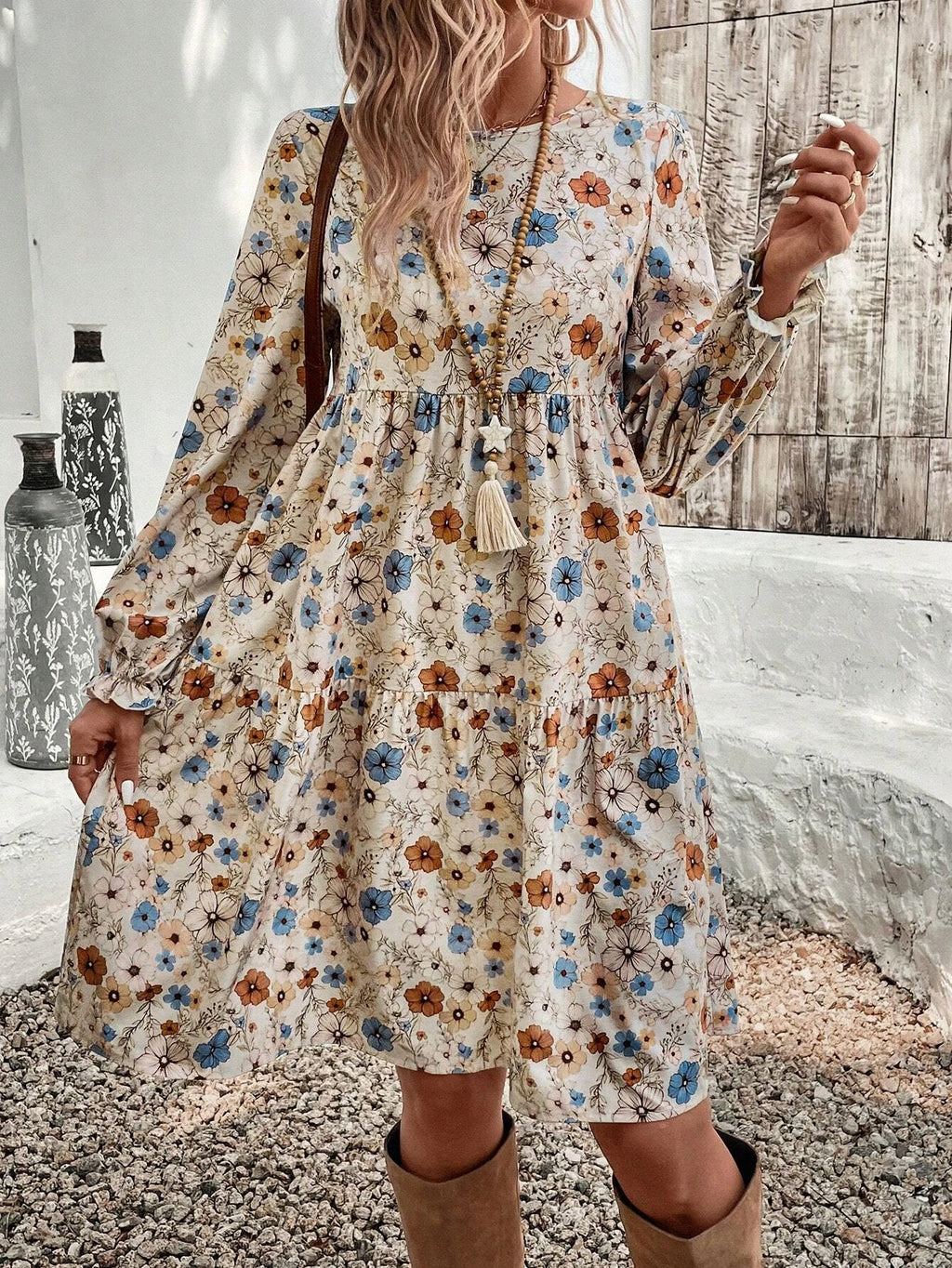 Women's Floral Print Tie Neck Flounce Sleeve Dress, Elegant Fashion Casual Dress for Daily Outdoor Wear, Women Dress for Spring