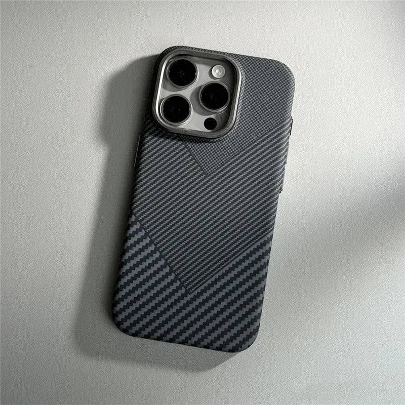For iPhone 16 15 14 Pro Max Case Carbon Fiber Abstract Geometric MagSafe Cover Magnetic Charging Shell Camera Alloy Armor Fundas