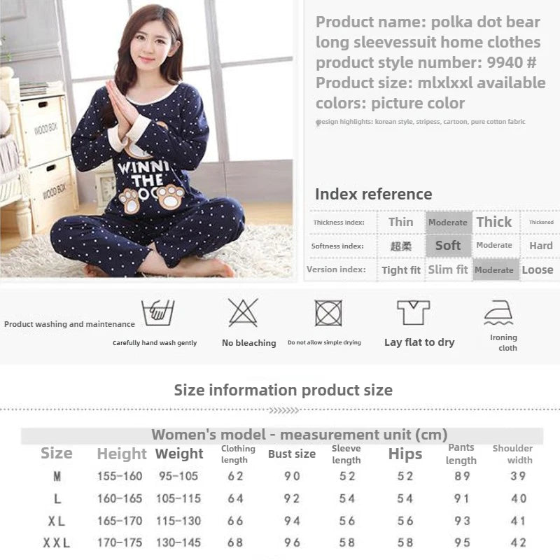 Autumn Thin 2pieces Pyjamas Set Women 2025 Round Neck Girls Bear Pajamas Sets Teacup Cat Full Sleepwear Tops lovers Pajama Mujer