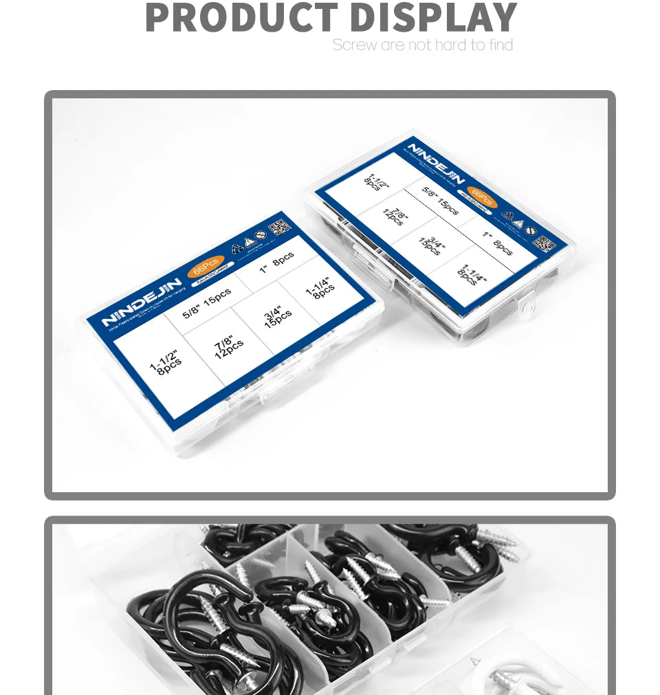 NINDEJIN 66pcs Screw hooks 3/4"-1-1/2" Black White Heavy Duty Screw in Hook Hanger Wood Wall Ceiling Hooks for Kitchen Shelf