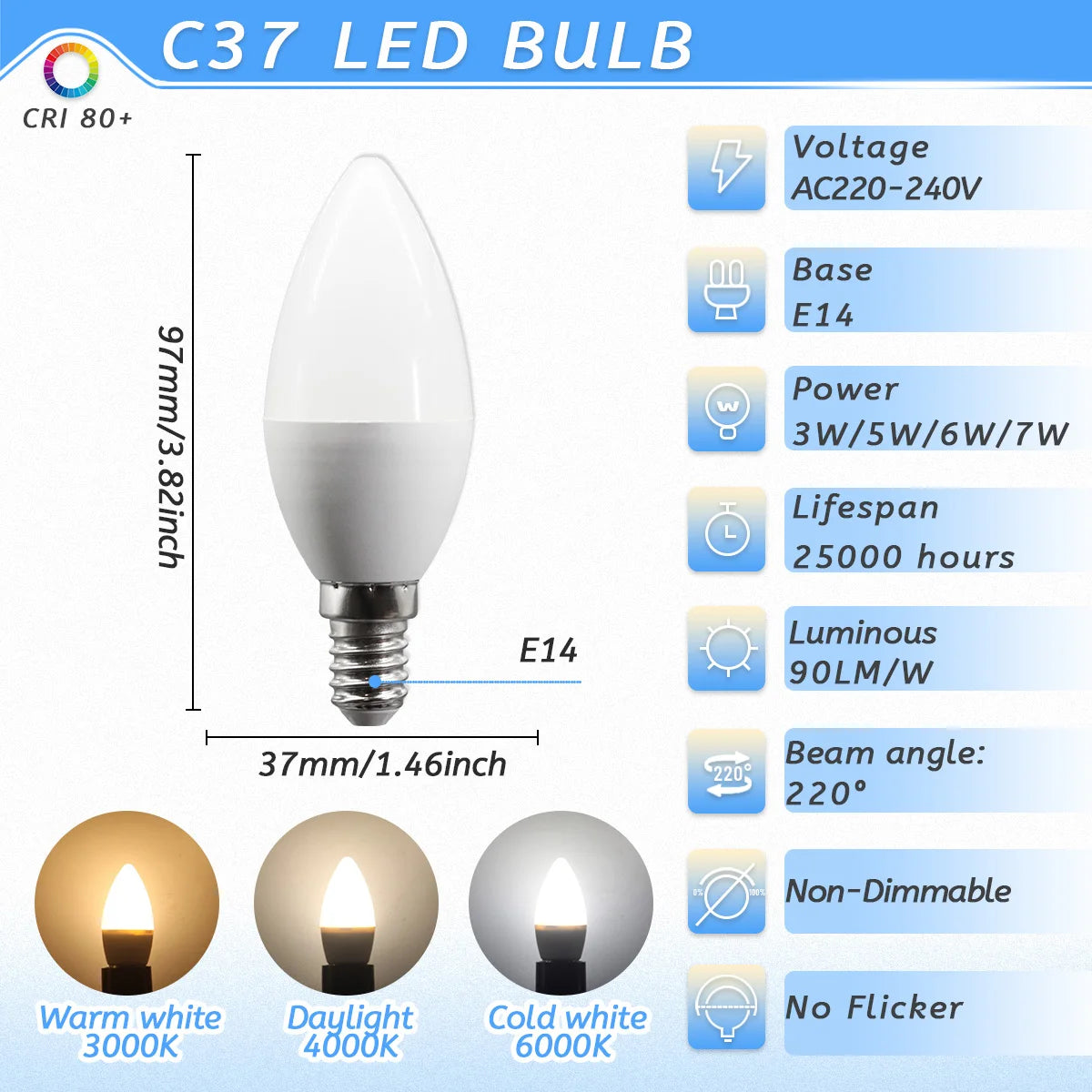 10PCS/LOT LED Candle Light Mini Bulb C37 G45 AC220V E14 E27 B22 Head Light Flicker-free 3W-7W Suitable for Home Study Lighting