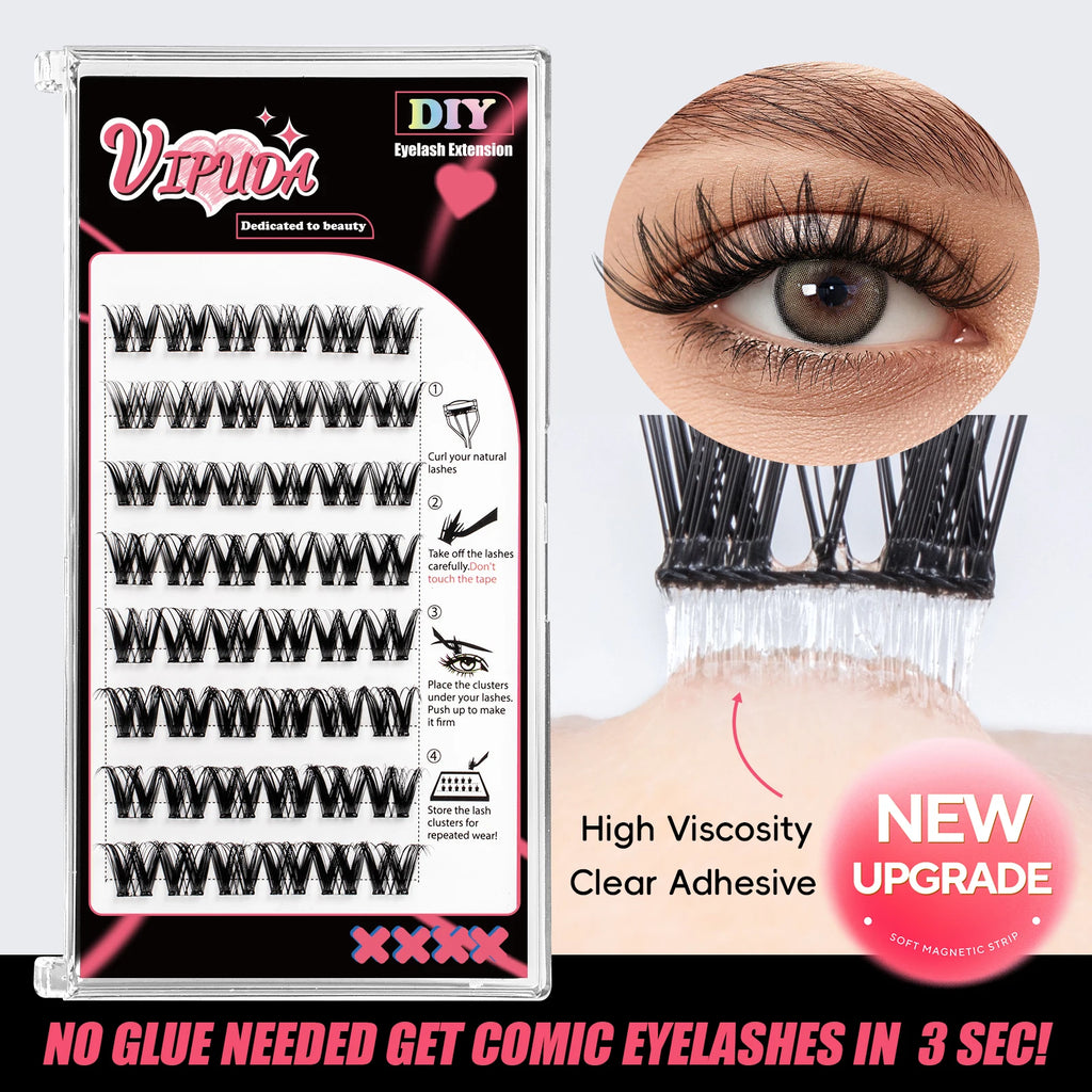 Vipuda Self Adhesive Cluster Lashes Press on No Glue Needed Segmented Eyelashes Reusable DIY Individual Eyelash Extension