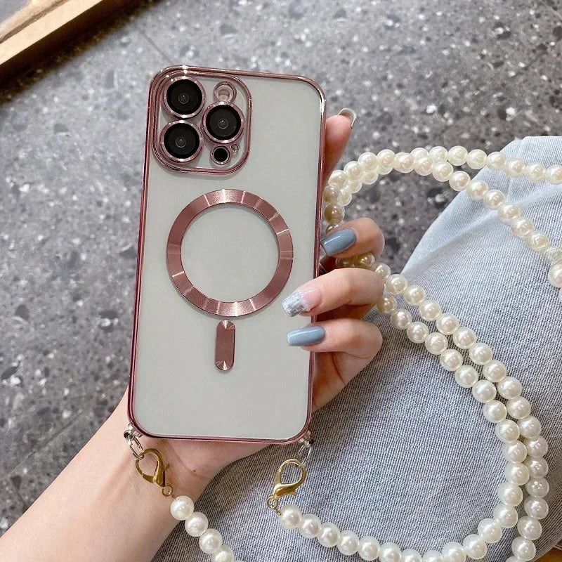 【Pearl Plating】Adjustable Crossbody Lanyard Case for iPhone 16/15 Pro Max/14/13/12/11 ProMax PlusShockproof Magnetic Phone Cover