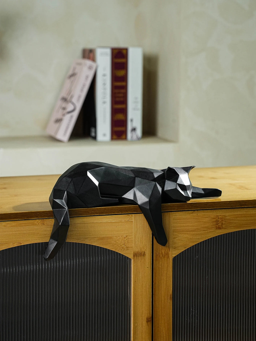 Black White Cat Statue - Geometric Modern Room Decor Figurine Sculpture for Home Office as Table Shelf Desk Decor  Lying Cat