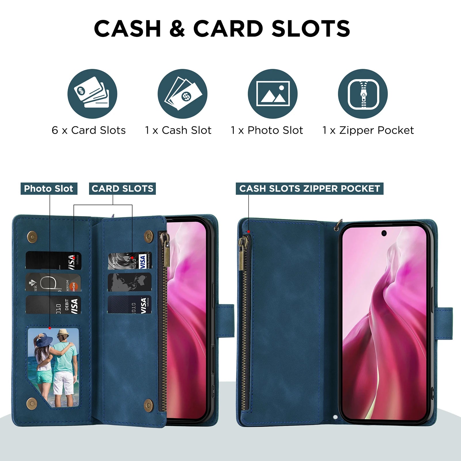 CAESBON Wallet Multi-card Zipper Kickstand Magnetic Flip Leather Case For Samsung Galaxy A06 A16 A26 A36 A56 A15 A25 A35 A55 A14
