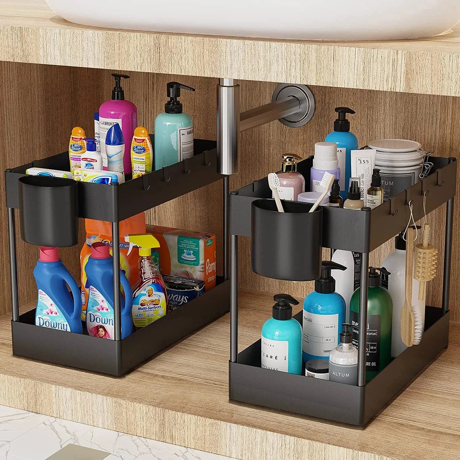 2 Tier Under Sink Organizer Sliding Cabinet Basket Organizer Storage Rack with Hooks Hanging Cup Bathroom Kitchen Organizer