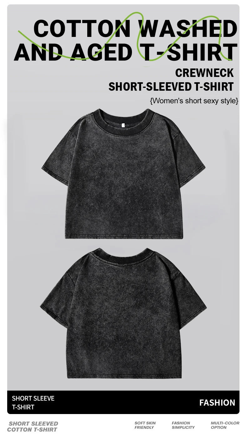 Woman Cotton Washed T-Shirts Street Regular O-Neck Crop Tees Japanese Style Cool Car Puzzle Print Short Sleeve Summer Clothes