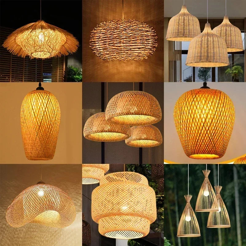 Bamboo Hanging Lamp Pendant Ceiling Light Rattan Wicker Lustre Hand Knit Braiding Suspended Home Dining люстра потол